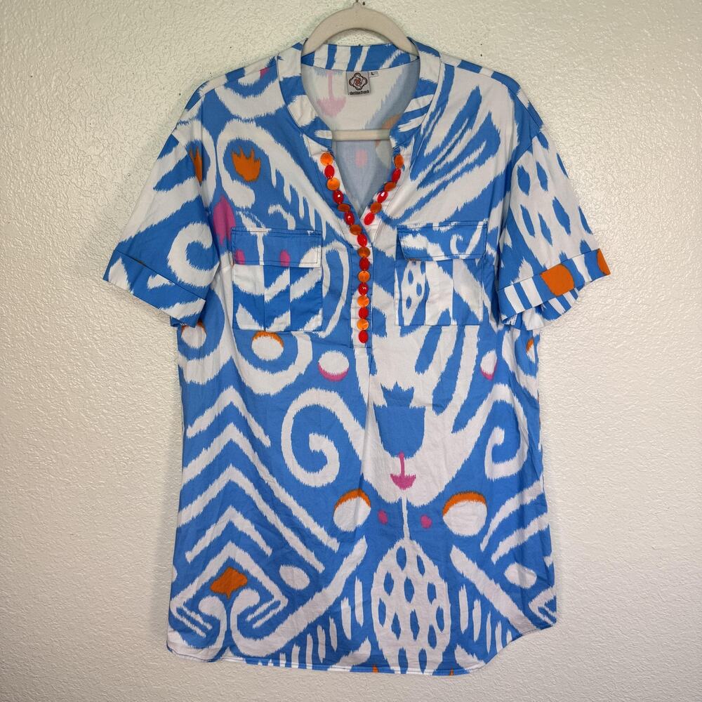 Sheridan French Dress Women Large Blue Geometric Shirt Shift Boho Beaded Resort